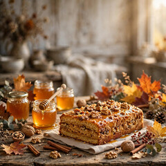 Fototapeta premium Rustic Honey Walnut Cake with Jars of Honey and Autumn Leaves on Wooden Table