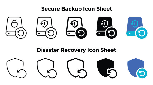 Secure backup and disaster recovery vector icon set featuring minimalist flat design shapes for cloud storage protection and digital data management systems for modern software interfaces