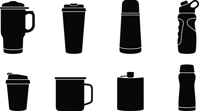 Thermo Flask and Travel Mug Silhouette Set featuring Vacuum Bottle Sports Water Bottle Camping Mug and Hip Flask