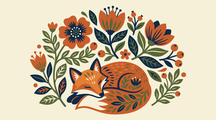 Folk art vector illustration of a sleeping red fox curled up under a floral arch of orange blossoms, leaves, and berries in a rustic linocut block print style © GraphicGalaxy