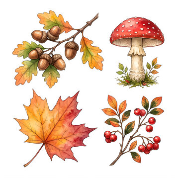 Colorful Autumn Leaves And Forest Elements Illustration transparent background