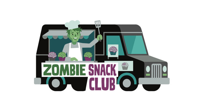 Green zombie baker selling brain themed treats in a food truck