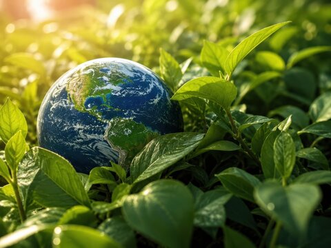 Planet Earth Among Lush Greenery: A close-up of planet Earth nestled among vibrant, dew-kissed green leaves, symbolizing growth, nature, and environmental protection under the warm sunlight.