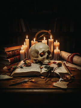 Skull with Candles, Old Books, and Scroll on Wooden Desk &ndash; Mystical Halloween Copy Space