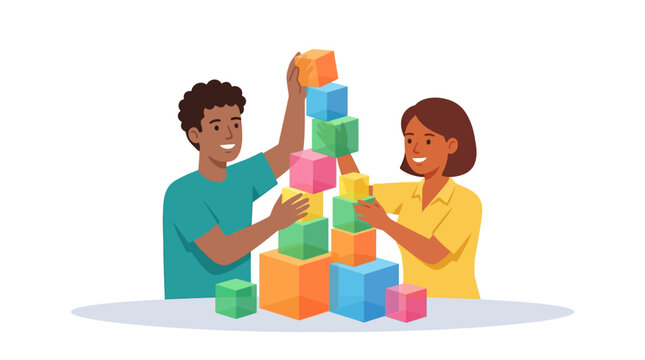 Diverse startup founders stacking colorful blocks for business growth flat design vector illustration