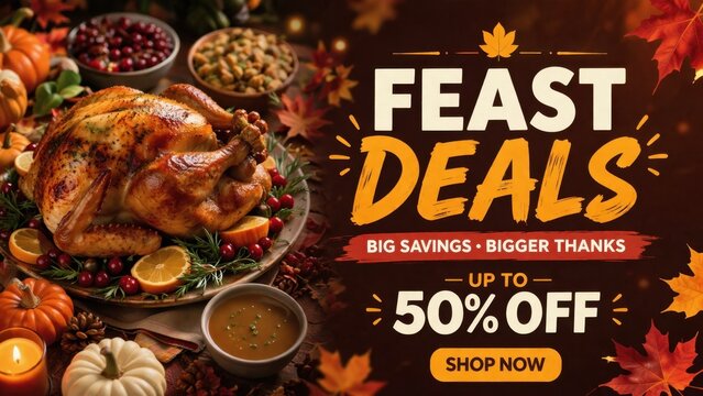 Thanksgiving feast sale banner with roasted turkey autumn leaves pumpkins and seasonal holiday discount