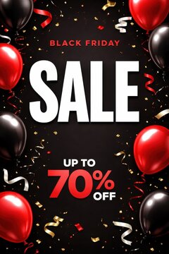 Black Friday sale banner with balloons ribbons confetti and seventy percent discount promotion offer