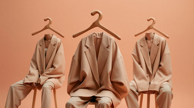 Three Faceless Figures in Beige Blazers on Wooden Hangers