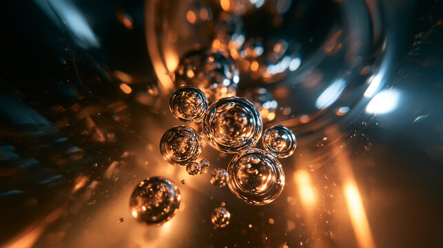 Abstract Bubbles Floating Golden Light Molecules
