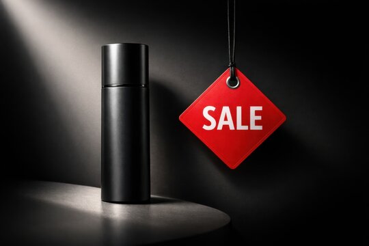 Black cosmetic bottle with red sale tag in dramatic lighting showcasing retail promotion concept
