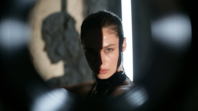 Woman in Black Leather Jacket Peering Through Shadows