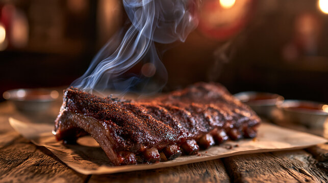 Grilled Meat Ribs with Smoke on Wooden Board