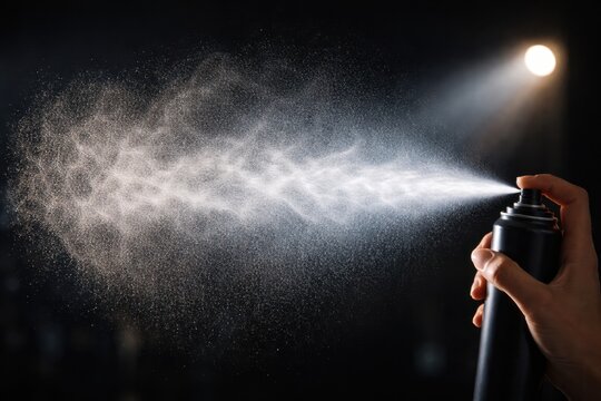 Hair spray mist creating fine aerosol cloud with dramatic lighting and beauty styling concept