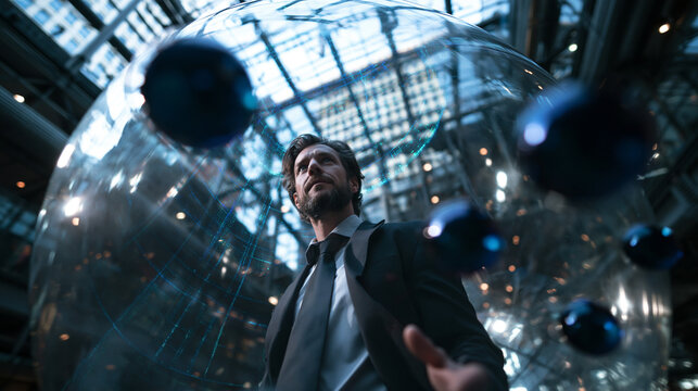 Businessman Gazing at Digital Globe Network in Modern City