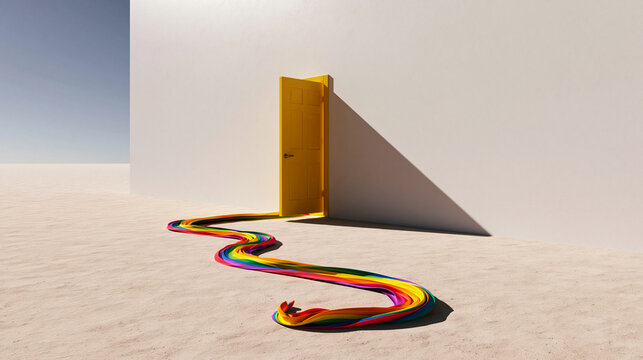 Rainbow Path Leading to Yellow Door in White Space