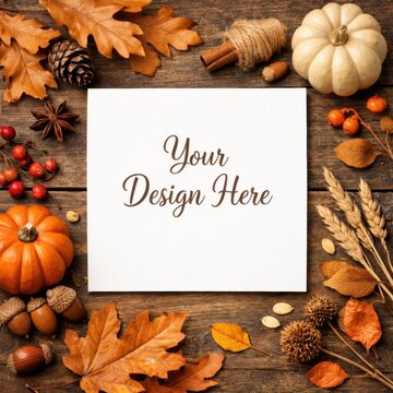 Autumn thanksgiving mockup with blank card on rustic wood table surrounded by pumpkin and leaves decor
