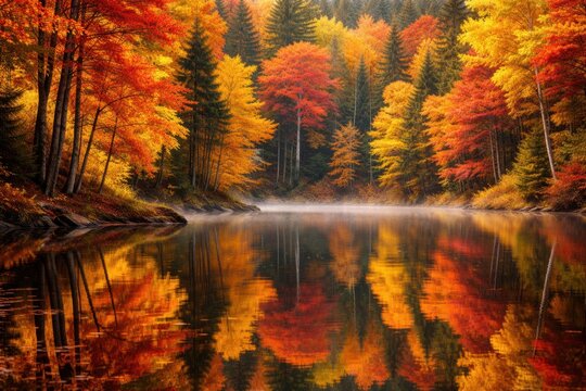 Autumn forest reflected in a calm lake with vibrant colorful foliage creating a peaceful seasonal landscape
