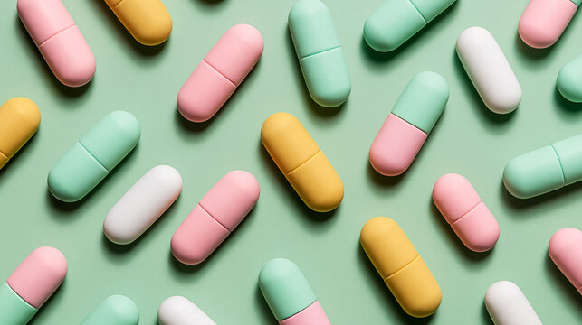 Colorful Capsule Pills Pattern on Green Background