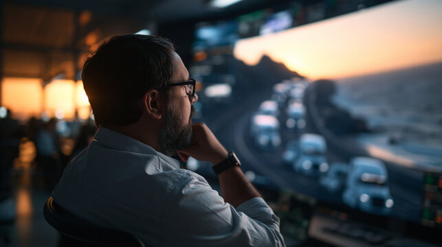 Man Contemplating City Skyline at Sunset from High Rise