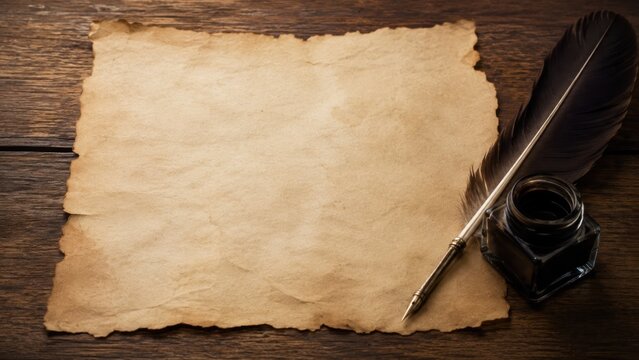 Vintage parchment paper with feather quill and ink bottle on rustic wooden table with copy space