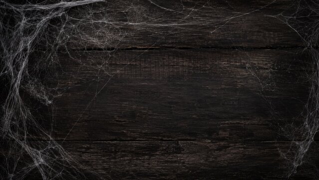 Halloween background with spooky spiderweb framing a dark rustic wooden surface with generous copy space
