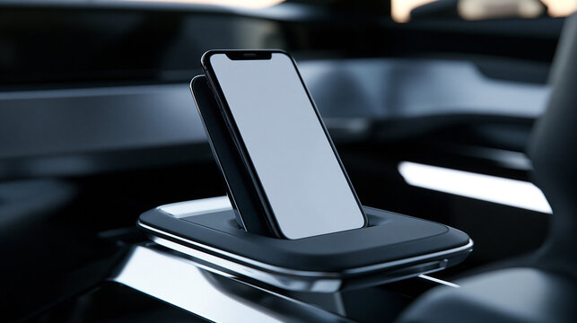 Smartphone on Wireless Charging Dock in Car Interior