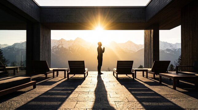 Man Meditating at Sunrise Overlooking Mountain Valley