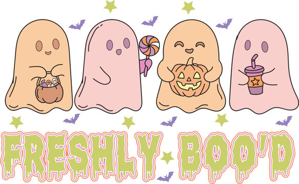 Cute cartoon ghosts with halloween treats and pumpkins with the text freshly booed on a white background