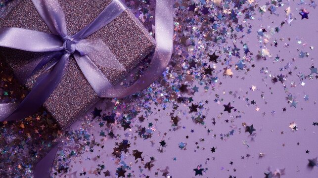 Purple glitter gift box with satin ribbon and sparkling star confetti on festive holiday background