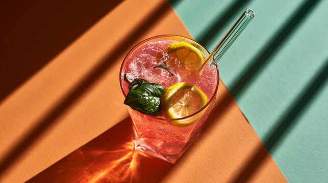 Refreshing Pink Cocktail with Lemon and Mint Garnish