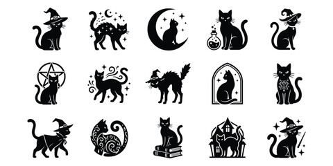 Obraz premium Set of black cat silhouettes for halloween featuring mystical elements like moons stars hats and magical potions for design