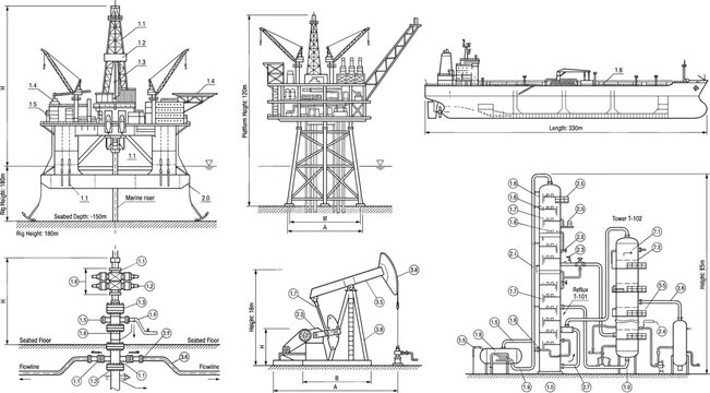 Offshore Oil Rig Platform Tanker Ship and Refinery Diagram Vector Line Art Illustration
