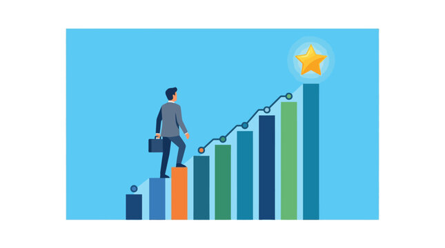 Determined businessman climbing rising bar chart toward glowing star for career success flat vector illustration