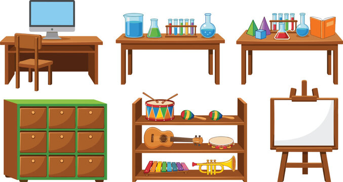 School classroom furniture vector set featuring science lab desks music instruments cabinet and computer desk