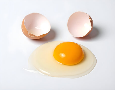 Hen egg yolk with eggshell on white background
