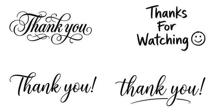 A collection of various thank you text designs and thanks for watching lettering isolated on a clean white background