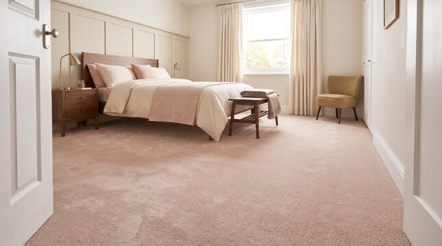 Polyester plush carpet in guest bedroom, blush beige flooring with warm coordinated decor