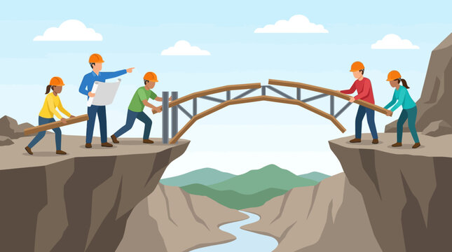 Professional engineering team building wooden bridge over canyon gap to connect two cliffs flat design vector illustration.