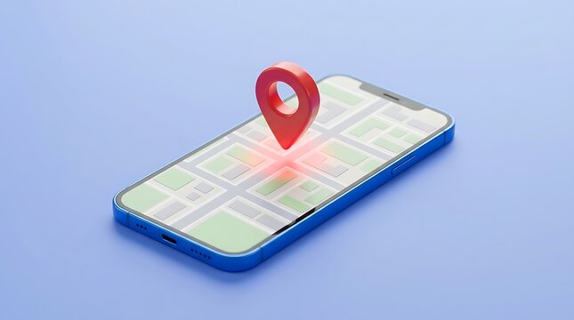 Modern smartphone with a vibrant red location pin, a digital map interface for navigation and GPS tracking. Mobile device displaying a route, ideal for travel, logistics