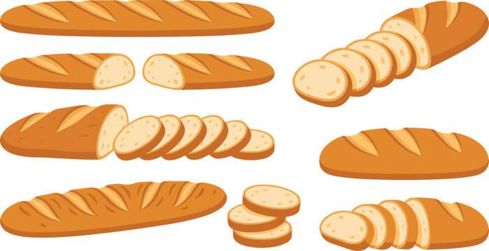 Fresh French baguette vector illustration set with whole sliced and chopped bakery bread loaf elements