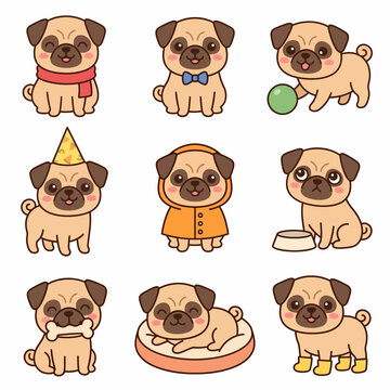 Adorable puggle puppy character set in different cute poses