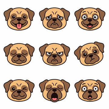 Nine cartoon puggle puppy heads showing different moods and emotions