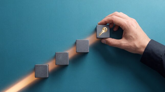 A hand placing a wooden block on a rising staircase to represent business growth and professional development success
