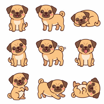 Adorable puggle puppy character set with various cute expressions