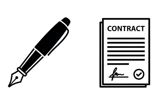 Contract signing silhouette pen and document icon set for legal agreements and business transactions