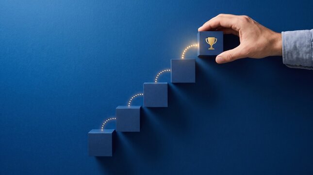 A hand placing a wooden block on a staircase of cubes representing business growth and career development success