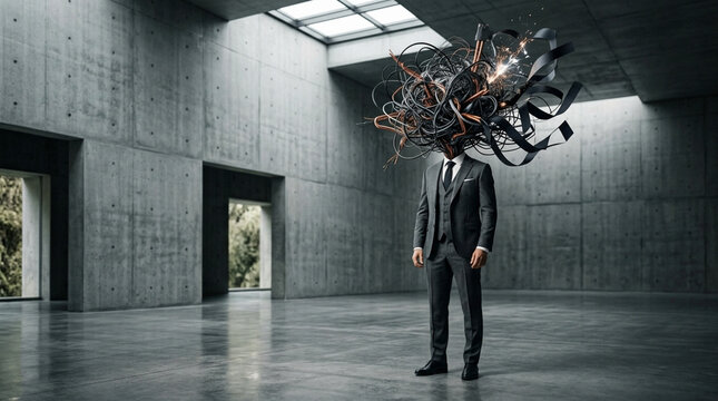 Businessman with tangled wires explosion from head - concept for stress, overload