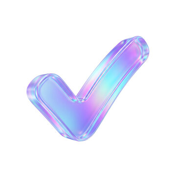 A holographic iridescent check mark icon isolated on a black background representing success and task completion concepts