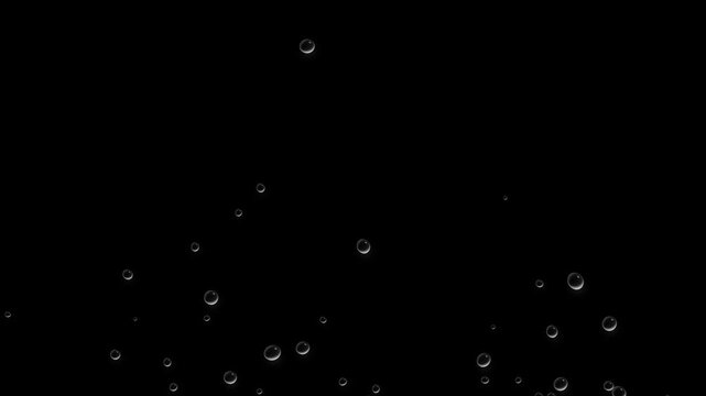 Close front view of floating water bubbles on black background, realistic air bubbles rising and floating, seamless loop motion graphics, ocean liquid foam effect, bubble overlay for VFX, 4k