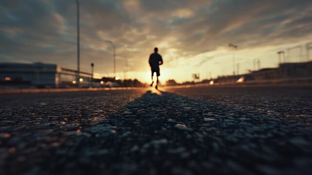 A silhouette of a lone man running along an empty road against the backdrop of a spectacular sunset, shot from a cinematic perspective.